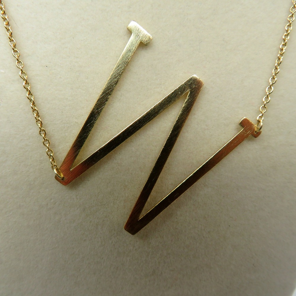 Gold Tone Large Sideways Initial W Necklace 16 Inch Brushed Metal Pendant